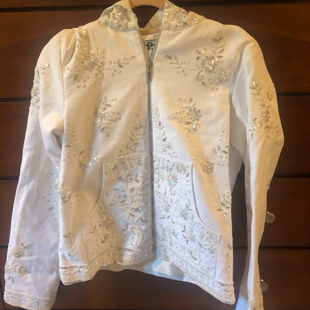 Women's White Denim Embellished Hooded Bomber Jacket